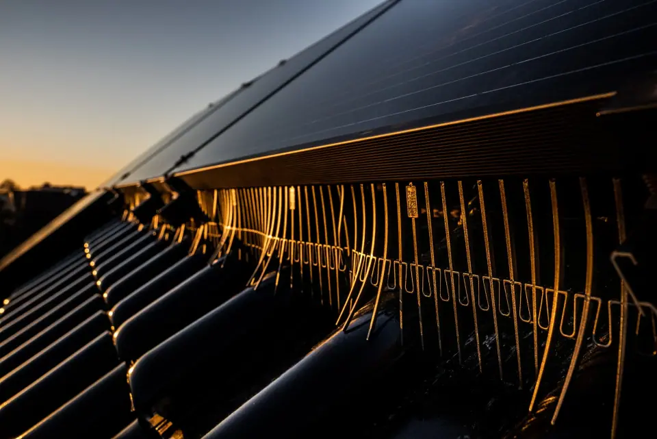 Afgewerkte vogelwering rondom zonnepanelen, zoals we die plaatsen in Ingelmunster