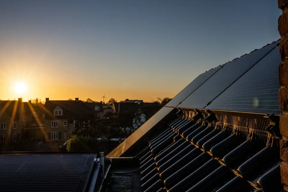 Afgewerkte vogelwering onder zonnepanelen bij zonsondergang